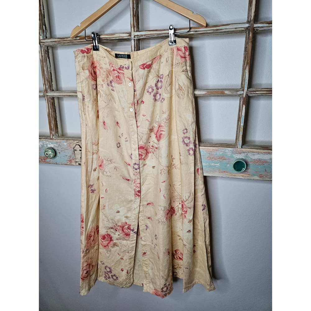 Ralph Lauren Linen Muted Floral Midi Button up front skirt size 12